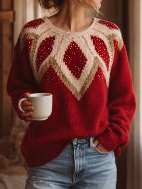 Dana Scott Red Geometric Knit Sweater Vintage Style Size M